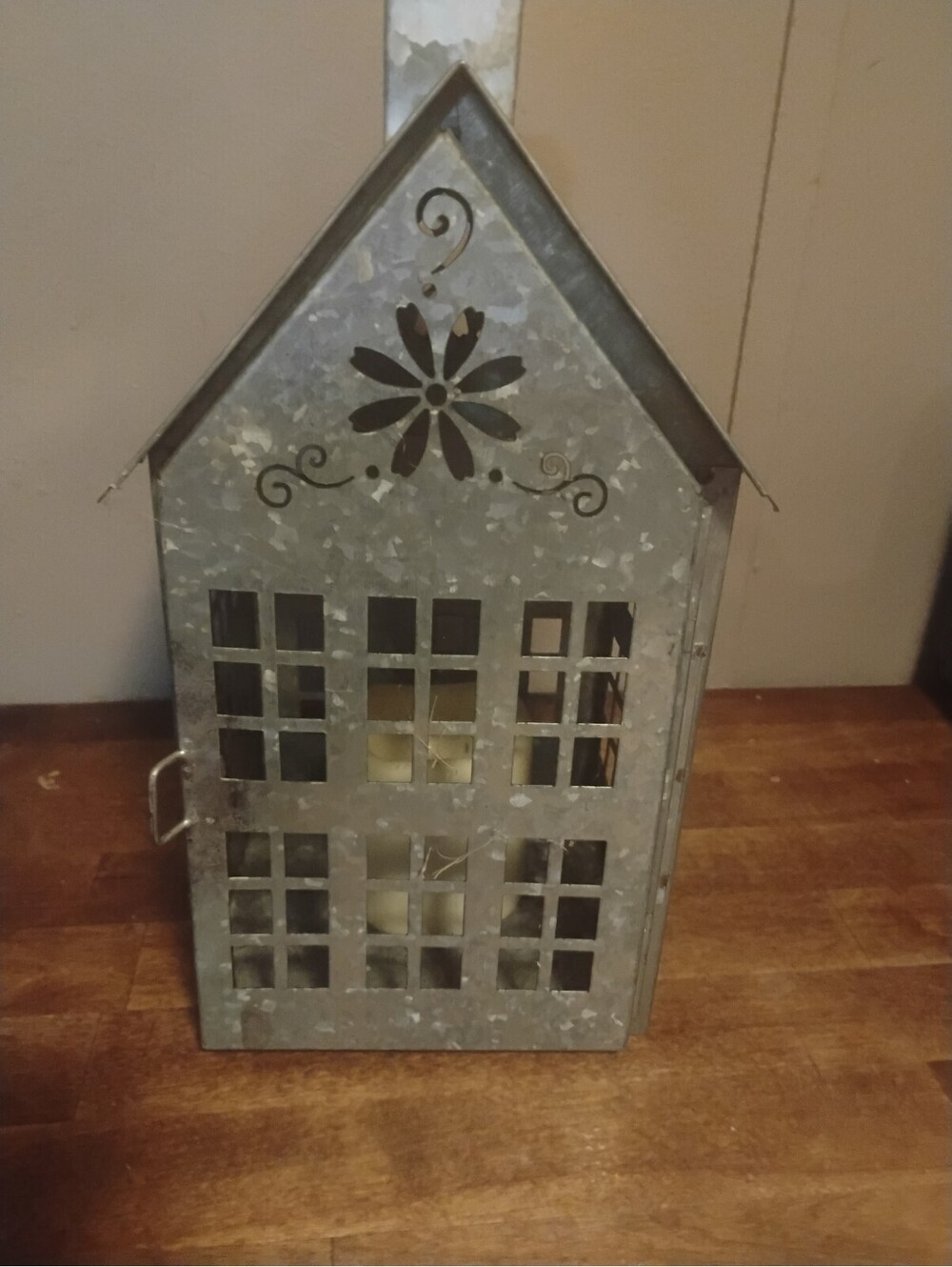 Galvanized Metal House Lantern with LED Candle & Happy Spring Cutout